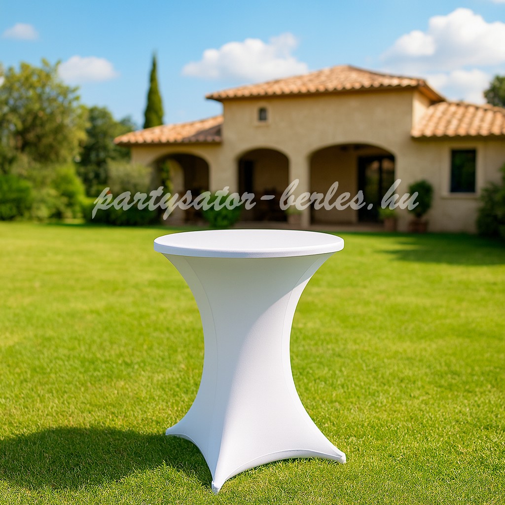 Összecsukható bisztróasztal 80 cm átmérő, 110 cm magasság + sztreccs huzat bérlés