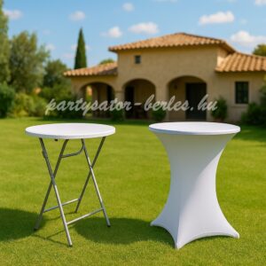 Összecsukható bisztróasztal 80 cm átmérő, 110 cm magasság + sztreccs huzat bérlés